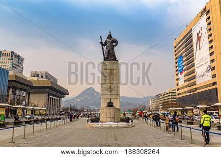 SEOUL KOREA: MARCH 262016: Gwanghwamun Plaza with the statue of the Admiral Yi Sun-sin in Seoul South Korea