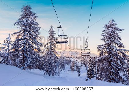 Winter Mountains Panorama With Ski Slopes And Ski Lifts