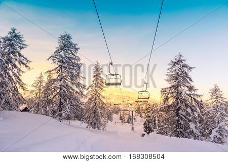 Winter Mountains Panorama With Ski Slopes And Ski Lifts