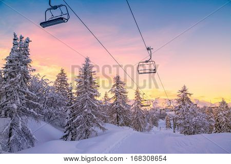 Winter Mountains Panorama With Ski Slopes And Ski Lifts