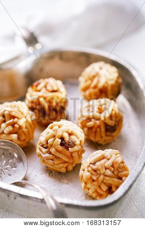 Chak-chak traditional asian sweet dessert - fried dough with honey