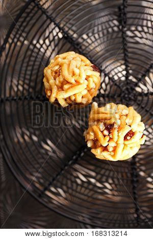 Chak-chak traditional asian sweet dessert - fried dough with honey