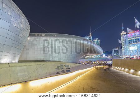 MYEONG-DONG SEOUL KOREA: APRIL 12016: Dongdaemun Design Plaza (DDP) at night Seoul South Korea