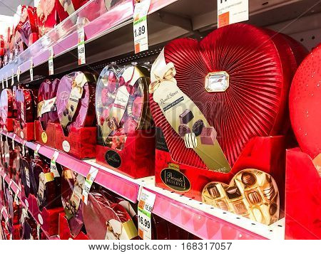 New York February 2 2017: Pharmacy shelves are filled with chocolates specially packaged in red heart shaped boxes during Valentine's Day shopping season.