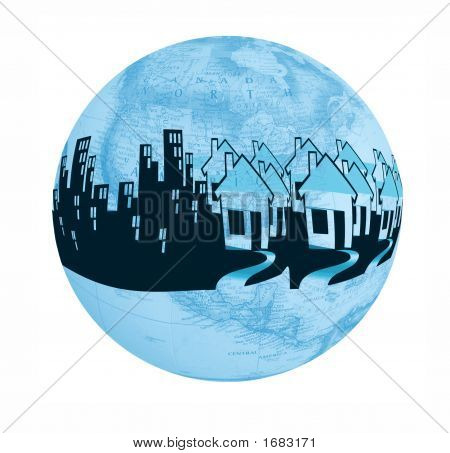 Ciudades y suburbios sobre el globo del mundo