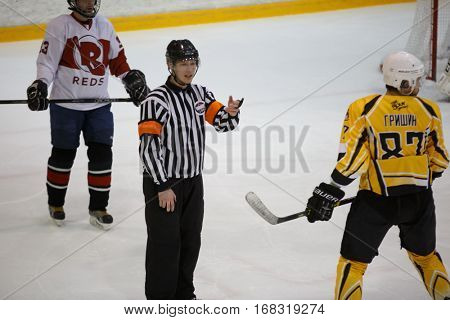 Moscow, Russia - January, 07, 2017: Amateur hockey league LHL-77. Game between hockey team 