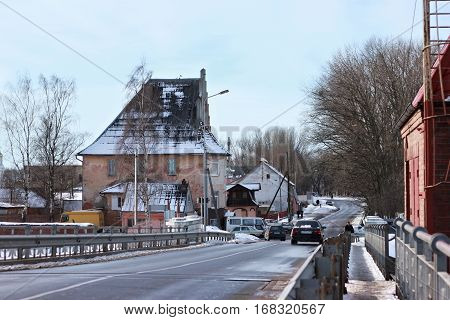 POLESSK, KALININGRAD REGION, RUSSIA - JANUARY 30, 2011: Old german movable bridge known as Eagle (Adler Brucke) through Deima river in the city of Polessk (Labiau). The bridge was built in 1919-1922.