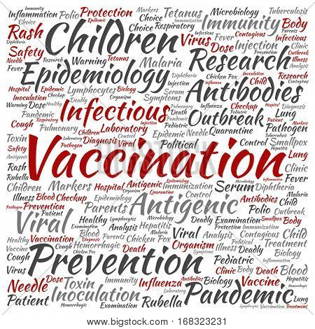 Concept or conceptual children vaccination or viral prevention square word cloud isolated on background metaphor to infectious antigenic, antibodies, epidemiology immunization or inoculation
