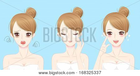 cartoon beauty woman with eye mask problem before and after