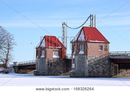 POLESSK, KALININGRAD REGION, RUSSIA - JANUARY 30, 2011: Old german movable bridge known as Eagle (Adler Brucke) through Deima river in the city of Polessk (Labiau). The bridge was built in 1919-1922.