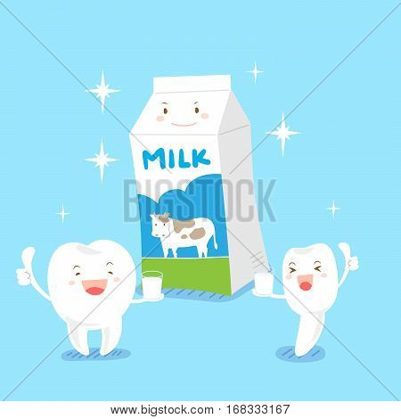 three cute cartoon healthy tooth with milk