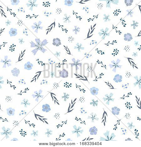 Seamless non-directional flower pattern.  botanical elements in shades of faded blue on white background. 
