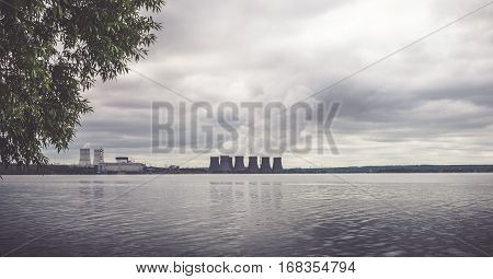 Cooling towers and smog of nuclear power plant Novovoronezh, Russia