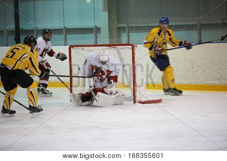 Moscow, Russia - January, 07, 2017: Amateur hockey league LHL-77. Game between hockey team 