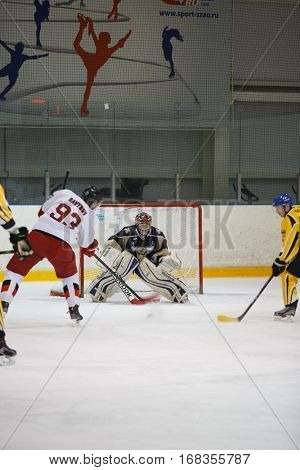 Moscow, Russia - January, 07, 2017: Amateur hockey league LHL-77. Game between hockey team 