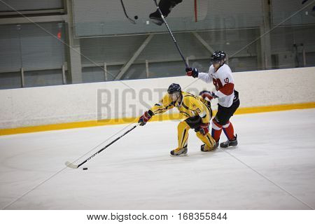 Moscow, Russia - January, 07, 2017: Amateur hockey league LHL-77. Game between hockey team 