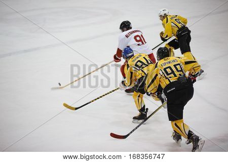 Moscow, Russia - January, 07, 2017: Amateur hockey league LHL-77. Game between hockey team 