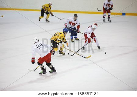 Moscow, Russia - January, 07, 2017: Amateur hockey league LHL-77. Game between hockey team 