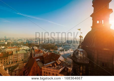 Day time aerial sityscape of Krakow old city, Poland