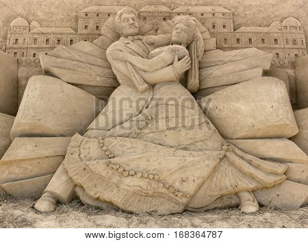 Jesolo Italy July 19 2016: sand sculptures exhibition in Jesolo (VE) ITALY. Theme of the show: the European capitals.