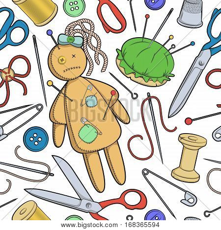 Vector seamless pattern with sewing utensils and a rag doll.