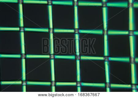 A net of polylactic acid under the microscope and in polarized light. Polylactic acid is a bioactive and biodegradable polymer made of renewable resources.