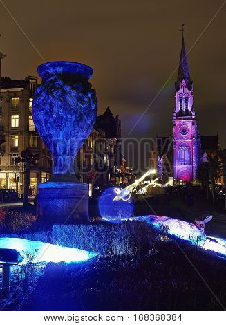 Commune Of Schaerbeek In Brussels Illuminate With Lights.