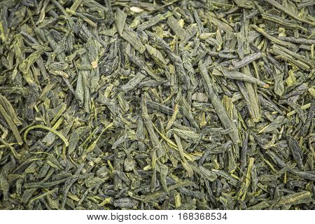 background texture of loose leaf Sencha Saga  green tea