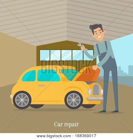 Man repair car. Car service illustration in flat style design. Auto mechanic in service room office. Car service worker. Repair test yellow car. Machinery engineer. Car service concept. Vector