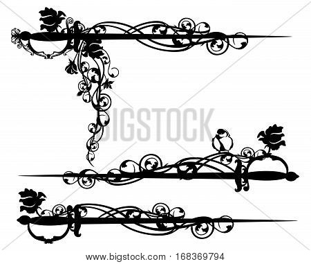 epee sword among rose flowers with bird - black and white vector design set