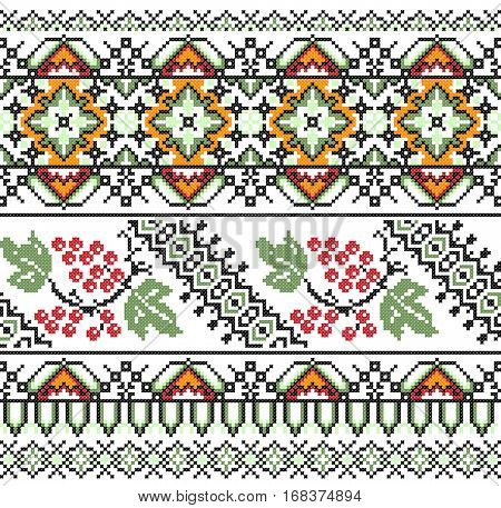 geometric embroidered good like old handmade cross-stitch ethnic Ukraine pattern. Ukrainian towel with ornament, rushnyk called, in vector