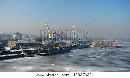 Crane ship repair port in Ukraine on the bank of the Dnieper River