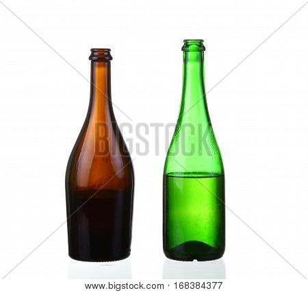 Two wine champagne bottles, breen and brown
