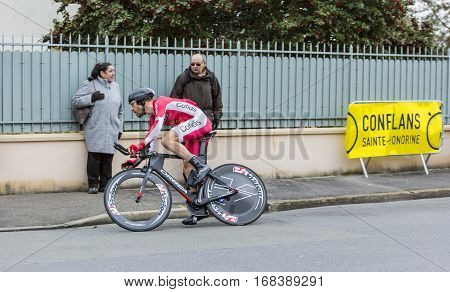 Conflans-Sainte-HonorineFrance-March 62016: The French cyclist Cyril Lemoine of Cofidis Team riding during the prologue stage of Paris-Nice 2016.