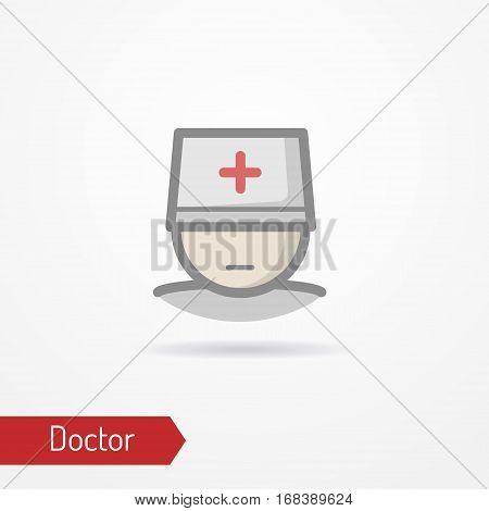 Typical simplistic doctor face in professional hat with red cross. Medic or surgeon head isolated icon in flat style with shadow. Profession and healthcare vector stock image.