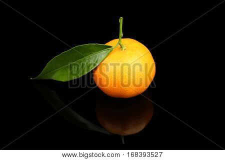 Fresh mandarin with leaf on black background