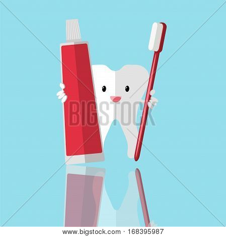 Healthy cute cartoon tooth character making a thumb up gesture while smiling happily and holding a dental tooth brush with tooth paste