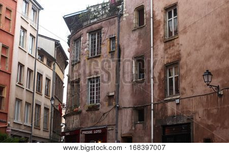 Lyon, France - December 20, 2016: The old house and the street in the historic center -December 20 2016 in Lyon, France