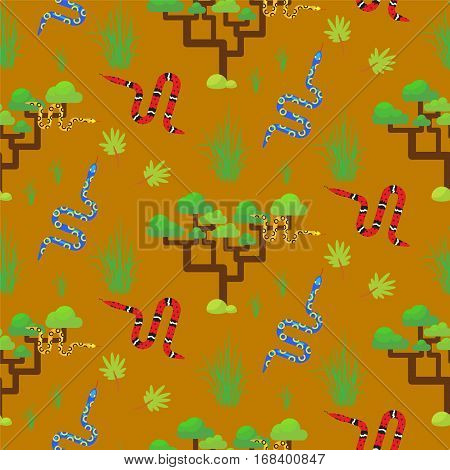 Savannah landscape seamless pattern vector. Poisonous snakes and trees on sandy background.