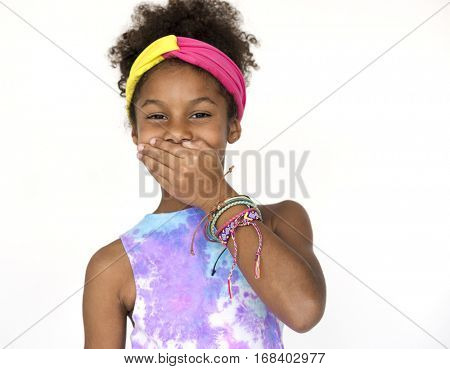 Little Girl Laughing Happiness Cover Mouth Studio Portrait