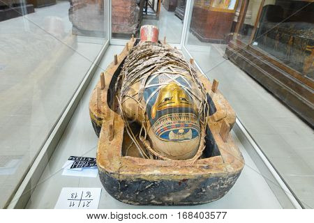 CAIRO, EGYPT - 02 JANUARY 2016: A Mummy close-up  in Egyptian Museum in Cairo.