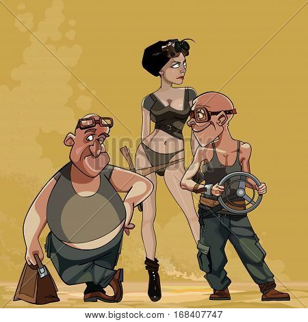 cartoon characters postapocalypse two men and a woman