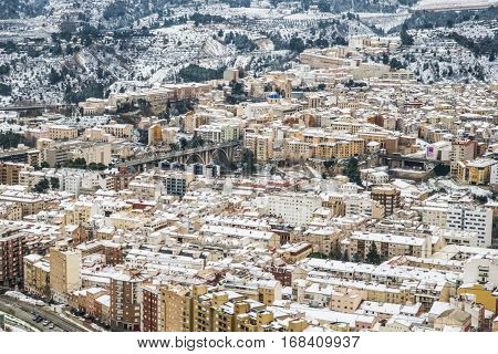 Panoramic / texture of Alcoy (Alicante, Spain) after a historic and extraordinary snowfall