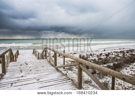 Guardamar Dunes, Alicante, Spain
Panoramic landscape at Guardamar Dunes, Alicante, Spain, after a historic snowfall.