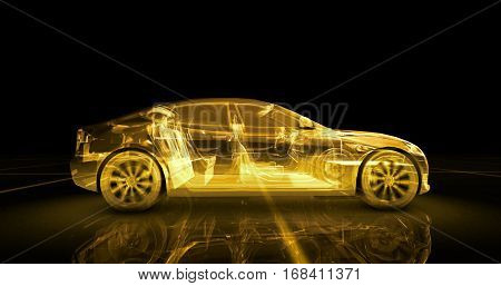 Sport car wire model with yellow neon ob black background. 3d render