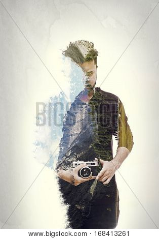 Close up double exposure portrait of a photographer guy holding vintage camera wearing dark brown shirt isolated on white background