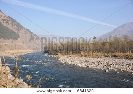 Beautiful Landscape of river in the mountains in Balakot Pakistan