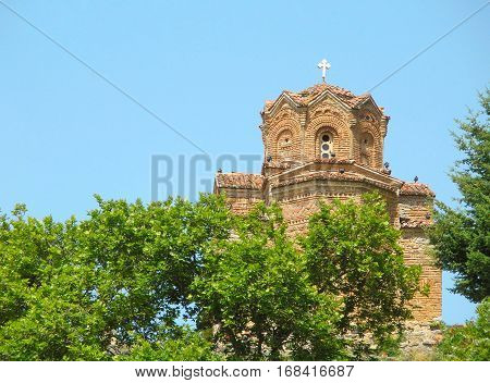 Church of St. John the Evangelist on blue sky background Macedonia.