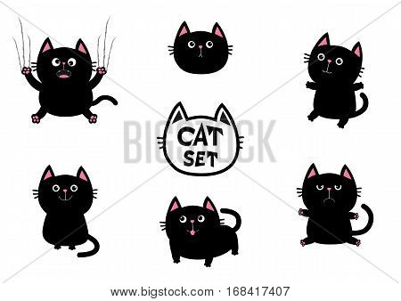 Black fat cat set. Nail claw scratch sitting smiling. Cute cartoon screaming funny character. Excoriation track line. Baby pet collection. White background. Isolated. Flat design Vector illustration