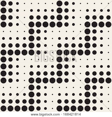 Stylish Minimalistic Halftone Circle Grid. Abstract Geometric Background Design. Vector Seamless Black and White Pattern.